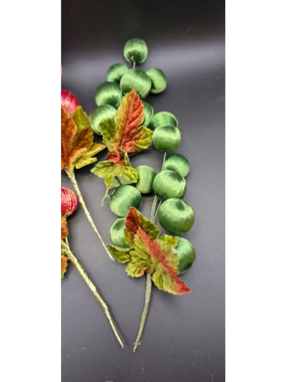 Vintage Satin Wrapped Balls Velvet Leaf Holiday Picks Christmas Decor Red Green